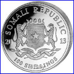 2011 Somalia Elephant Colour 100 Shillings Solid. 999 Silver 1oz Coin