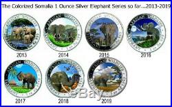 2013-19 Somalia Elephant Complete Colorized Coin Series. 999 Pure Silver