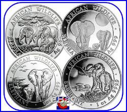 2013, 2014, 2015, 2016 Parade of Somalia (Somali) Elephants, 4-1oz Silver Coins