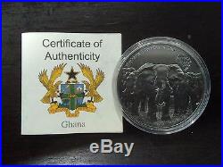 2013 Ghana 5 Cedis Antique African Ounce Elephants 1 oz. 999 Ag Silver Coin