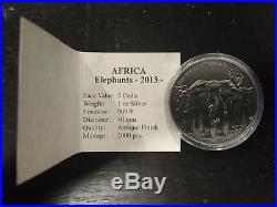 2013 Ghana 5 Cedis Antique African Ounce Elephants 1 oz. 999 Ag Silver Coin