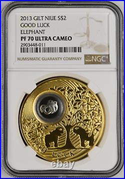 2013 Niue $2 Good Luck Elephant Ngc Pf70 Uc Gold Gilt. 925 Silver Coin