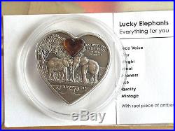 2013 Palau $5 Lucky Elephants Everything For You Silver Coin With Amber