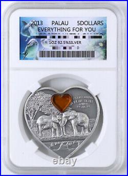 2013 Palau S$5 1oz Silver Coin Heart-shaped Everything for You Elephants