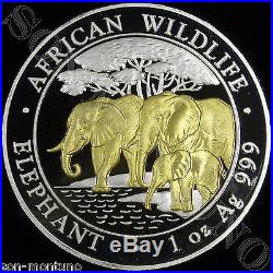 2013 SOMALIA ELEPHANT GILDED IN 24K GOLD 1 Oz. 999 Silver African Wildlife Coin