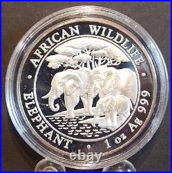 2013 Somali Republic African Elephant 1 oz BU. 999 Fine Silver Coin in Capsule