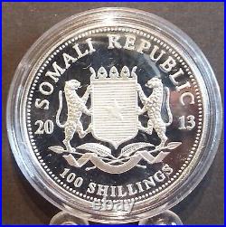 2013 Somali Republic African Elephant 1 oz BU. 999 Fine Silver Coin in Capsule