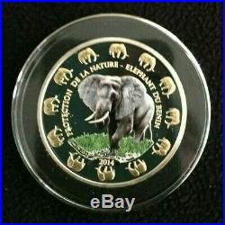 2014 Benin 1 oz Silver Elephant Colorized Gilded Proof-like Coin with COA & Box