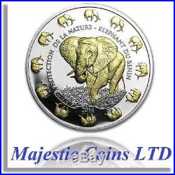 2014 Benin Elephant Protection De La Nature. 999 Silver 24k Gilt Proof Coin