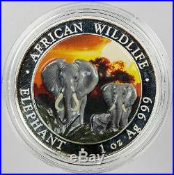 2014 Somalia 100 Shillings Colorized Elephant At Sunset Silver Unc 076/100 (mr)