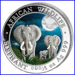 2014 Somalia Elephant African Wildlife Series 1oz Pure Silver coin Night scene