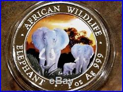 2014 Somalia Elephant Colorized. 999 1oz Silver Coin