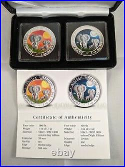 2014 Somalian ELEPHANT DAY & NIGHT Colorized Silver 2 Coin Set AFRICAN WILDLIFE