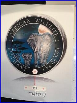 2015 1 Kilo. 999 Fine Silver Elephant Giant Moon Edition Somalia Enameled Coin