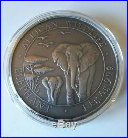 2015 1 Kilo Silver Somalia Elephant Coin BU, Antique Finish, 200 Minted, Box COA