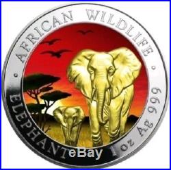 2015 1 Oz Silver SOMALIAN ELEPHANT AT SUNSET Coin WITH 24K GOLD GILDED