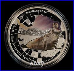 2015 1 oz Elephant Seal. 999 Fine Silver Coin Colorized with Box & COA