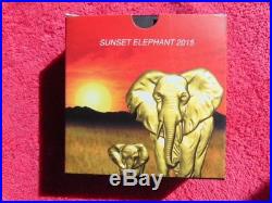 2015 1 oz Fine Silver Elephant Somalia African Sunset 24k Gold Gilded Box & COA
