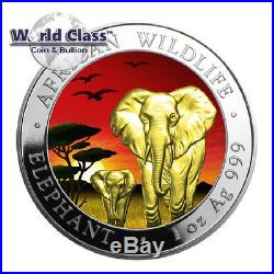 2015 1 oz Silver Somalia African Elephant Coin Colored Sunset Mintage of 500