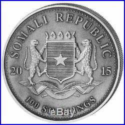 2015 1 oz Silver Somalian Elephant Coin (Antique Finish) 3000 Mintage