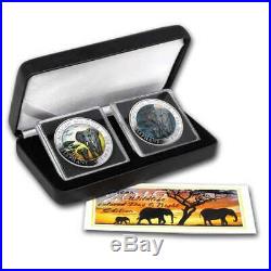 2015 1 oz Somalia Elephant Colorized Silver 2 Coin Set with Box & COA
