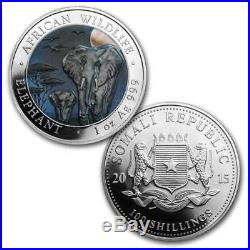 2015 1 oz Somalia Elephant Colorized Silver 2 Coin Set with Box & COA