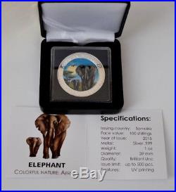 2015 1oz. 999 Somalia African Elephant Colorized Box & Coa (Mint Condition)