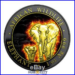 2015 1oz Silver Somalia African Burning Elephant Ruthenium Gold-Gild Coin