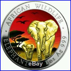 2015 1oz Silver Somalia African Elephant At Sunset 24k Gold Gilded Coin