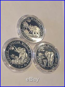 2015 2016 2017 African Wildlife Somali Elephant 1 Troy Oz. 999 Fine Silver Coins