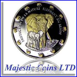 2015 Benin Elephant Protection De La Nature. 999 Silver 24k Gilt Proof Coin