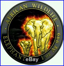 2015 Burning Somalia Elephant Silver Coin 1oz 999 Silver with Ruthenium + Gold