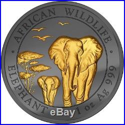 2015 SOMALIA ELEPHANT GOLDEN ENIGMA 1oz Silver Ruthenium Gold Plated Coin