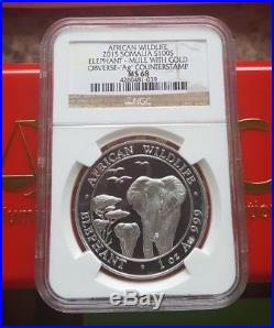 2015 SOMALIA SILVER ELEPHANT COIN MULE W GOLD OBVERSE Ag COUNTERSTAMP NGC MS68