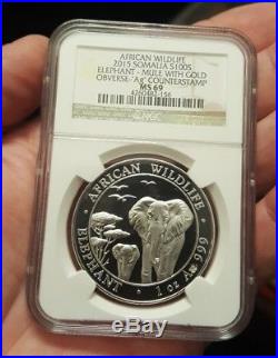 2015 SOMALIA SILVER ELEPHANT COIN MULE W GOLD OBVERSE Ag COUNTERSTAMP NGC MS69