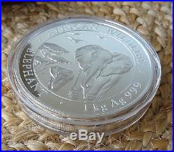 2015 Somali African Elephant 2000 Shilling 1 Kilo 999 Fine Silver Coin with Box