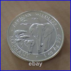 2015 Somalia 100 Schillings Elephant Silver 99.9% 1oz Silver Coin + Zip