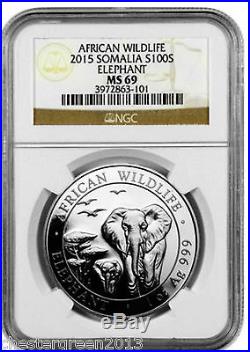 2015 Somalia 1 Oz Silver Elephant African Wildlife 100S NGC MS69.999