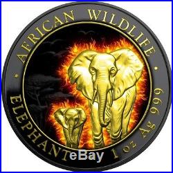 2015 Somalia African Wildlife BURNING ELEPHANT 1oz Silver Gold Plated Coin
