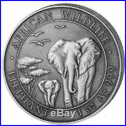 2015 Somalia African Wildlife Elephant 1 oz. 999 Silver Coin Antique Finish