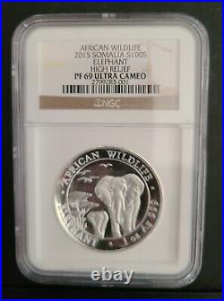 2015 Somalia African Wildlife High Relief Silver Elephant NGC PF69 ULTRA CAMEO