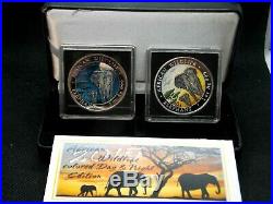 2015 Somalia ELEPHANT Colorized 1 oz Silver (2 Coin) Set Box & COA ECC&C, Inc