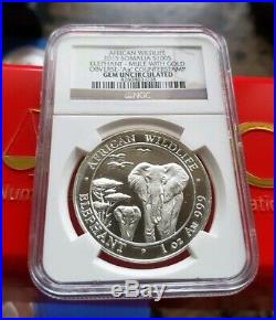 2015 Somalia Elephant 100S Mule Error- Gold Stamp NGC GEM 1oz. 999 Silver Coin