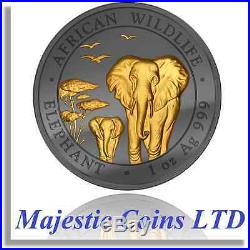 2015 Somalia Elephant 1 oz Silver Gold Gilt Ruthenium Plate Majestic Coin