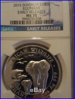 2015 Somalia Elephant Silver 100 S 1 Oz 999 NGC MS 70 UC Early Release
