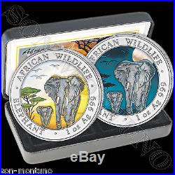 2015 Somalian ELEPHANT DAY & NIGHT Colorized Silver 2 Coin Set AFRICAN WILDLIFE