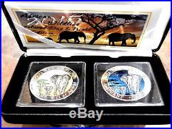 2015 Somalian ELEPHANT DAY & NIGHT Colorized Silver 2 Coin Set African Wildlife