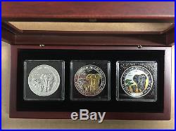 2015 Somalian Elephant 3 Coin Silver Set BU withGlass Display Case Gilded, Color