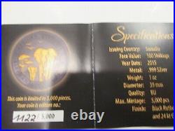 2015 Somolia Golden Enigma Elephant Ruthenium 1 Oz. 999 Silver 24k Pltd Coin