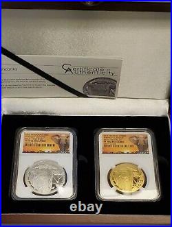 2015 Tanzania 2 Pc 1 oz Proof HR Gold & Silver Elephant Coins Set NGC PF70 UC